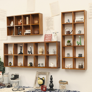 墙上置物架墙壁挂墙收纳盒免打孔实木格子墙面装饰柜挂架桌面覆古