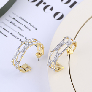 个性鬼才设计师AB闪钻几何图形格子不规则半圆弧形夸张潮款耳环女