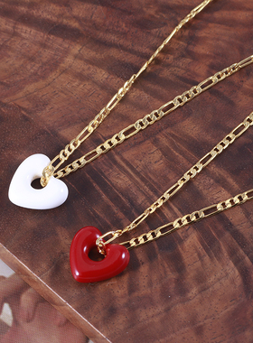 简约法式奶油红色爱心吊坠锁骨链