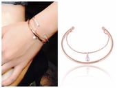 欧美风优雅气质珍珠链条金属光面手环双层细款 开口手镯混搭礼物女