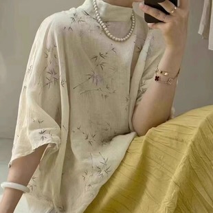 不俗25新款新中式竹叶禅意风温柔粉色宽松慵懒冷清感苎麻上衣女