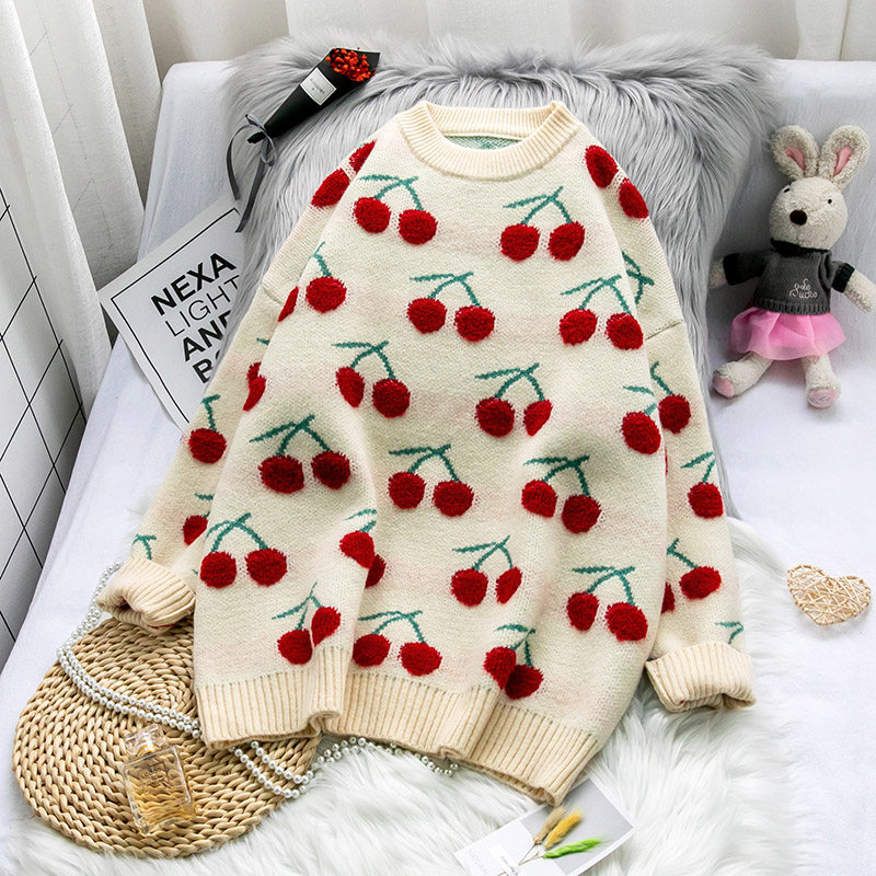 减20】套头毛衣女秋冬外穿2020新款宽松慵懒风日系樱桃针织毛线衣