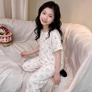 云朵棉儿童睡衣女新款女童薄款夏季中大童女孩家居服短袖长裤套装