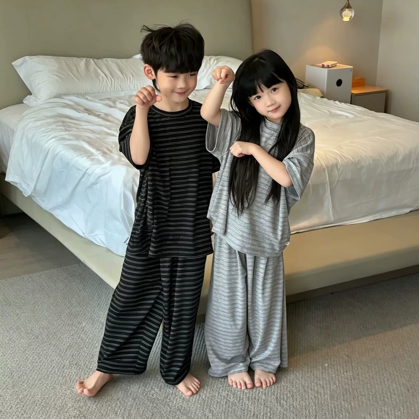 男女童短袖睡衣夏季新款条纹轻薄纯棉空调服儿童兄妹家居服套装