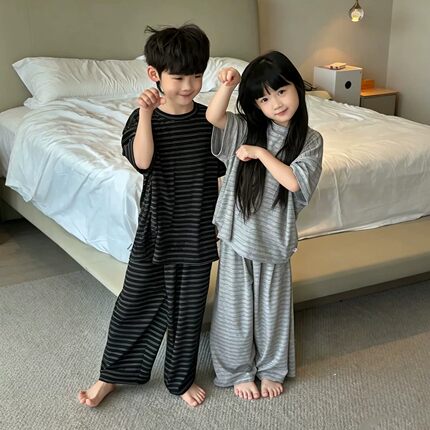 男女童短袖睡衣夏季新款条纹轻薄纯棉空调服儿童兄妹家居服套装
