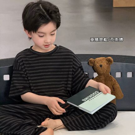 儿童睡衣男童短袖长裤套装中大童薄款空调服夏季帅气纯棉家居服