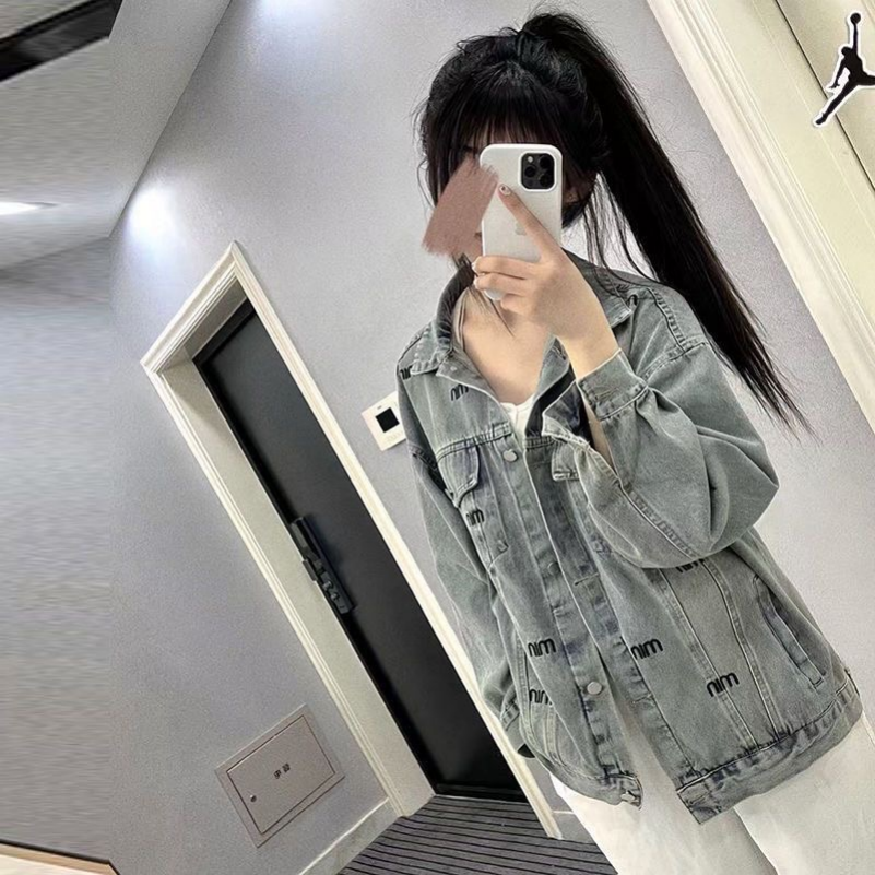 社会女快手网红同款设计感字母刺绣宽松显瘦牛仔外套复古夹克上衣