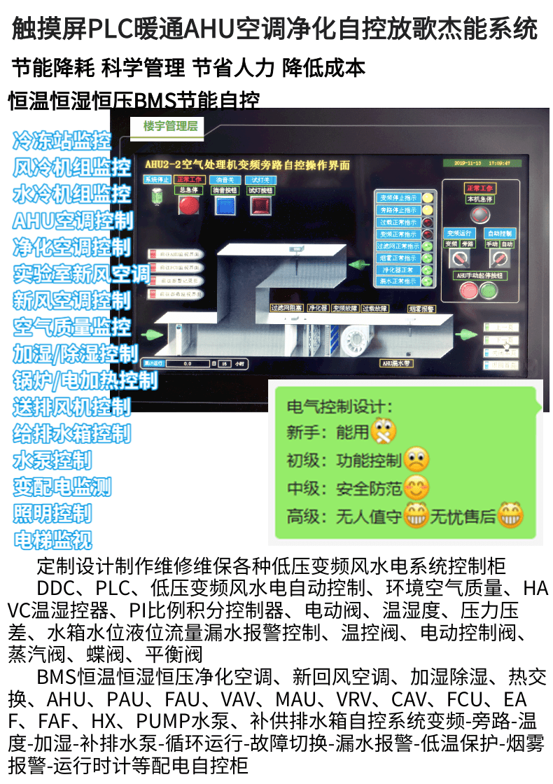 暖通空调自控系统触摸屏PLC/DDC自控AHU-EAF-FAF-PAU-MAU-VAV-FCU