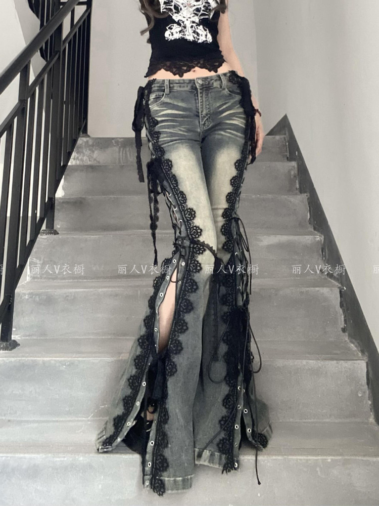 thumbnail for American high street lace strappy slit jeans, female hottie slim slim skinny slightly flared mop pants