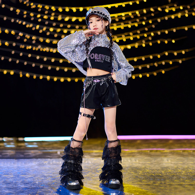 街舞儿童潮服男童嘻哈演出服银色亮片酷帅女童hiphop爵士舞表演服