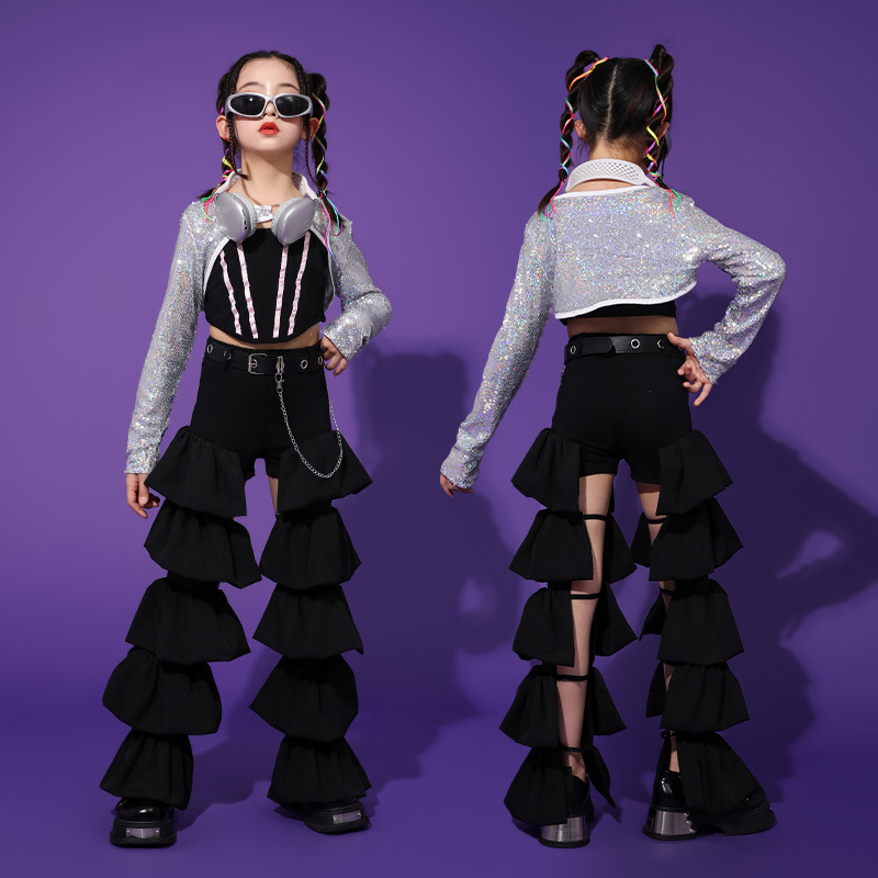 模特t台走秀时装女童时尚服装时髦套装儿童表演潮酷爵士舞演出服