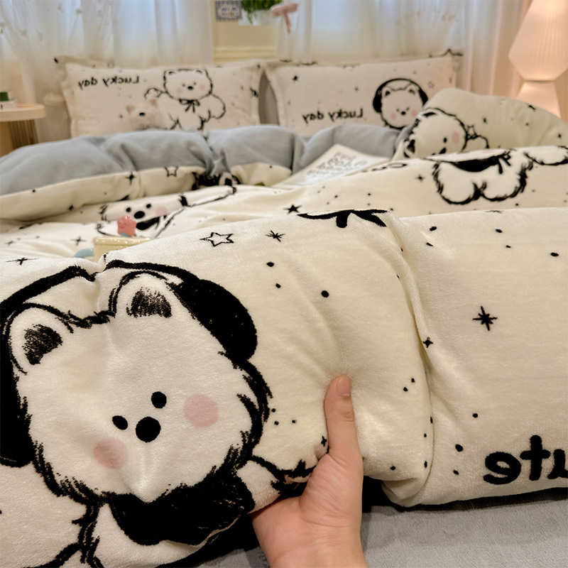 冬季加厚牛奶绒床上四件套双面绒法兰绒珊瑚绒被套床单三件套床笠