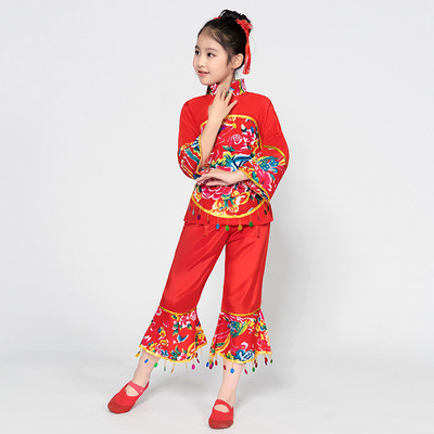 儿童秧歌服女童开门红喜庆表演服东北二人转手绢扇子舞蹈演出服装