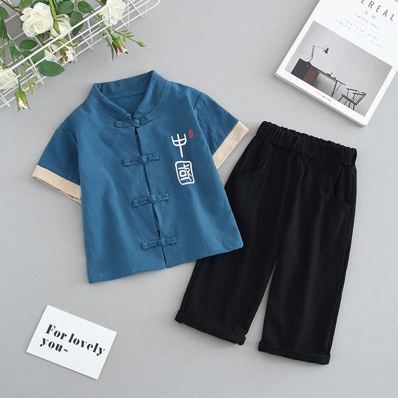 儿童汉服夏装短袖男童唐装女宝宝套裙幼儿园演出服中小童民族风