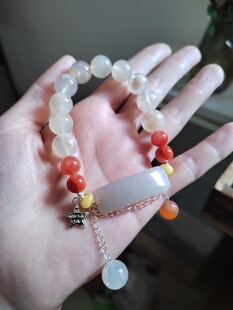 天然樱花玛瑙手链和田白玉无事牌手牌女款单圈手串送女友闺蜜礼物