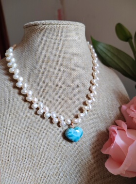 天然珍珠项链爱心海纹石吊坠项链颈饰小众设计款女项链