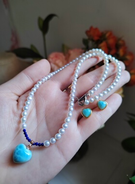 天然珍珠项链女锁骨链送女友闺蜜生日礼物海纹石爱心吊坠套装