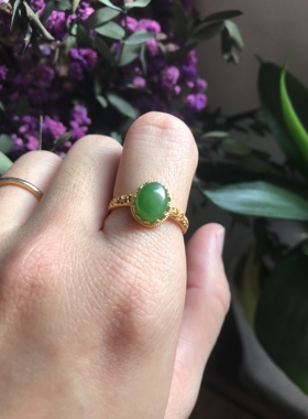 925银镶和田玉碧玉戒指活口可调节女款时尚百搭个性简约气质