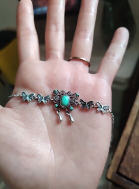 天然原矿湖北绿松石手链925纯银镶嵌蝴蝶手链女生轻奢小众手链