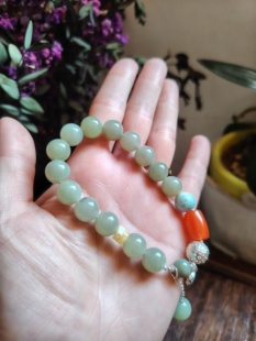 天然和田玉手串女晴水湖水绿保山南红桶珠珠渐变色手链送女友老婆