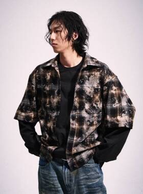 2727WORLD 法老 扎染格纹假两件衬衫外套 vibe风水洗做旧美式复古