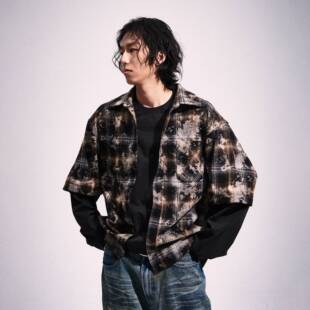 vibe风水洗做旧美式 2727WORLD 外套 扎染格纹假两件衬衫 复古 法老