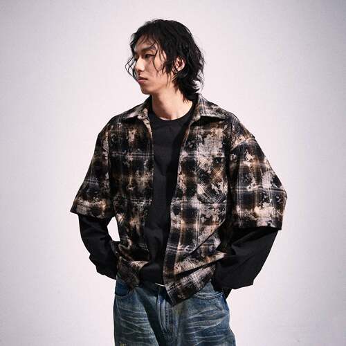 2727WORLD扎染格纹假两件衬衫