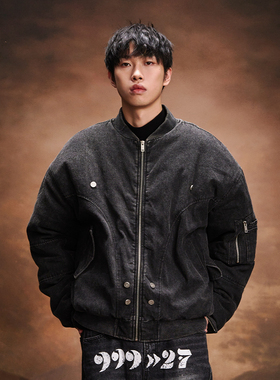 2727WORLD 法老 黑牛仔洗旧Bomber重磅棉服外套 美式复古休闲街头