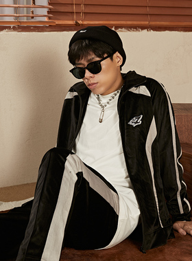 2727WORLD 法老潮流嘻哈休闲宽松上衣拼接丝绒夹克套装外套运动
