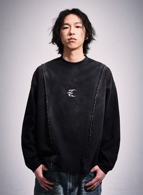 2727WORLD 法老 渐变喷马骝分割长袖T恤打底 美式复古街头国潮