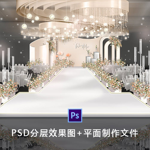 小预算香槟色泰式简约舞台迎宾婚礼背景设计效果图PSD源文件