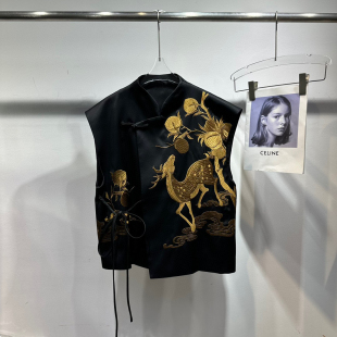 深圳南油直批新款 立领斜襟缎纹刺绣国风马甲 新中式