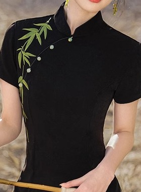 2025年新款黑色旗袍春夏绣花复古显瘦修身旗袍短袖日常