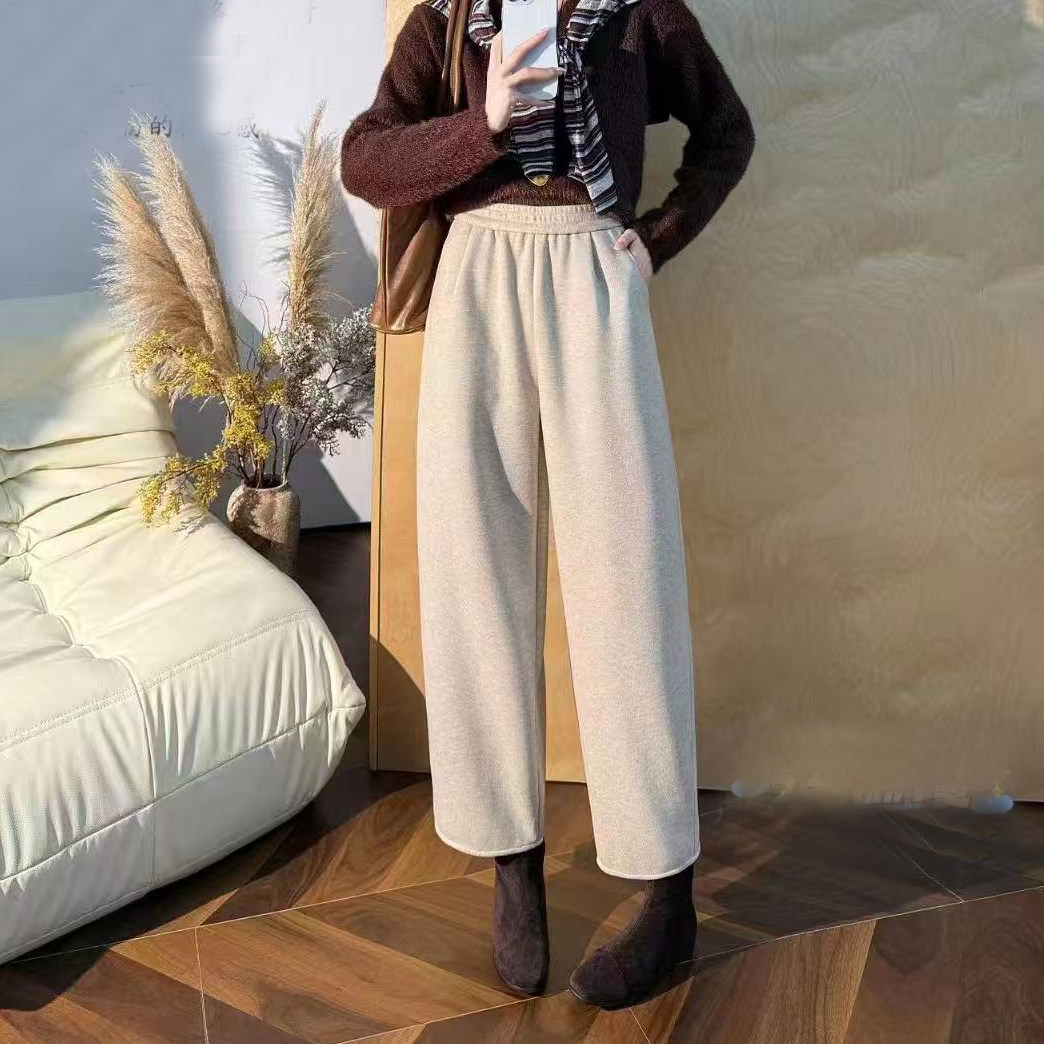 玉丰情丝羊毛呢料休闲裤女2025冬季宽松显瘦奶奶裤九分直筒哈伦裤