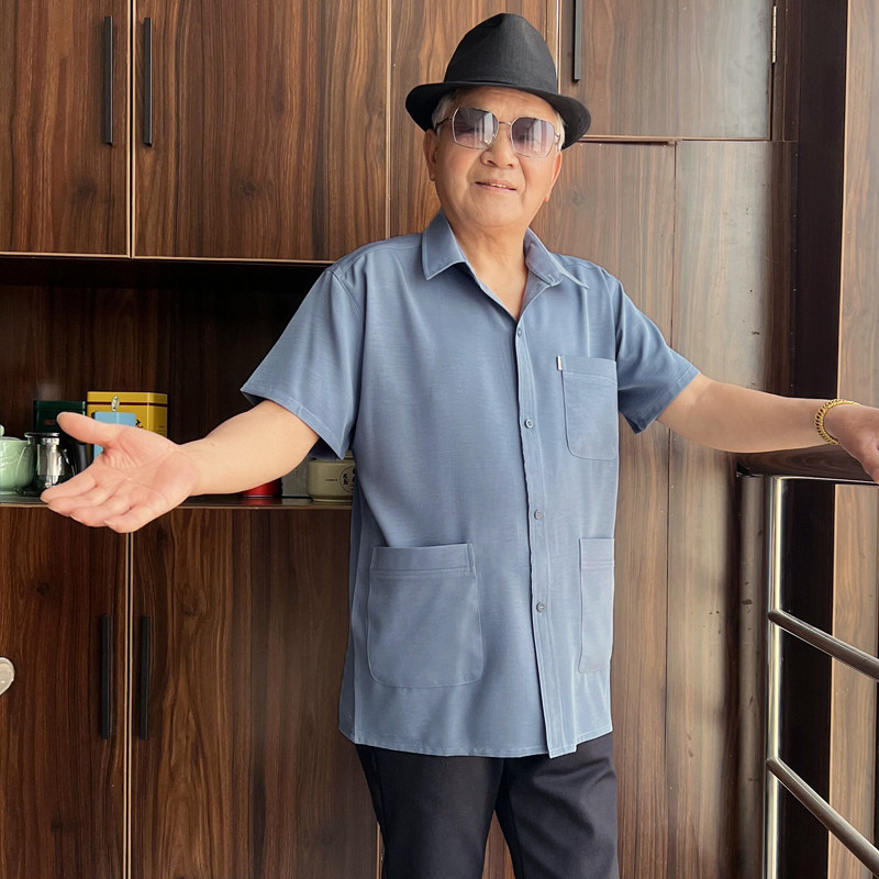 爸爸夏季中式套装男中老短袖长裤衬衫老人60-70-80岁外套爷爷薄款