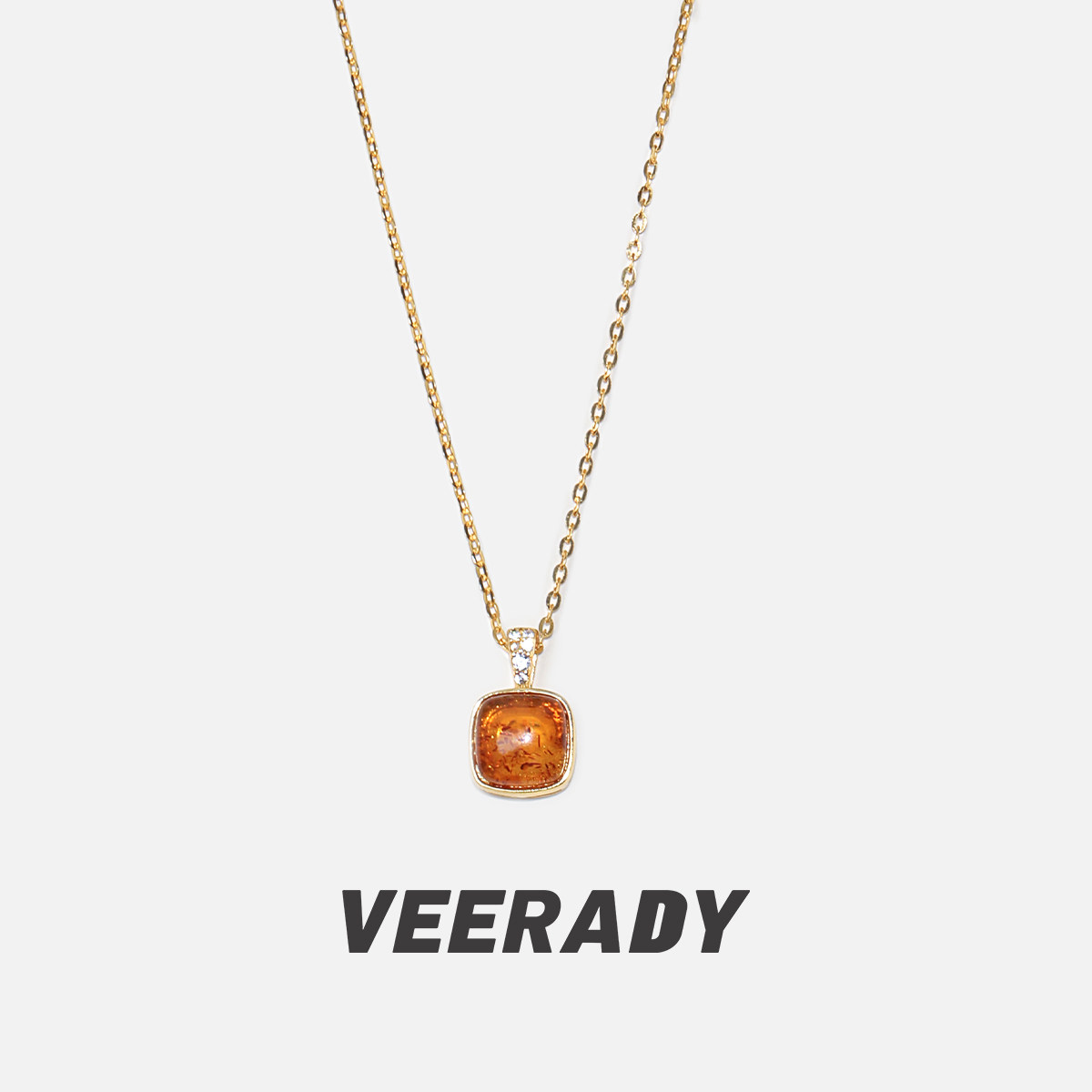 薇拉蒂S925纯银琥珀方糖吊坠女款轻奢花珀锁骨链新款简约复古项链