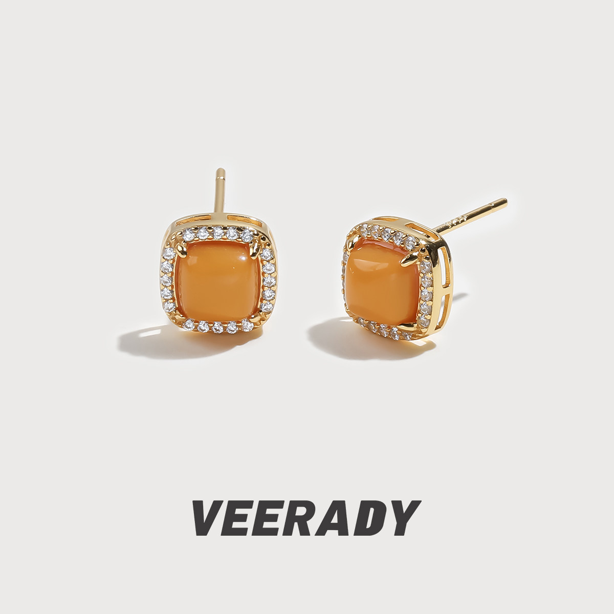 薇拉蒂S925纯银天然蜜蜡耳钉女秋冬方糖耳环新中式国风耳饰高级感