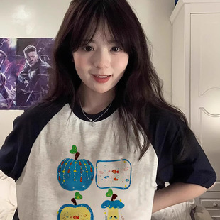 大码 宽松半袖 插肩袖 t恤女胖MM纯棉设计感小众美式 潮 拼色短袖 夏季