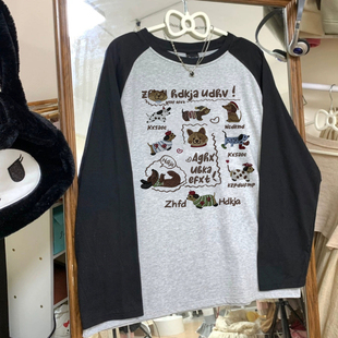 240斤胖MM打底衫 美式 大码 T恤女秋冬新款 潮 复古腊肠狗100%纯棉长袖