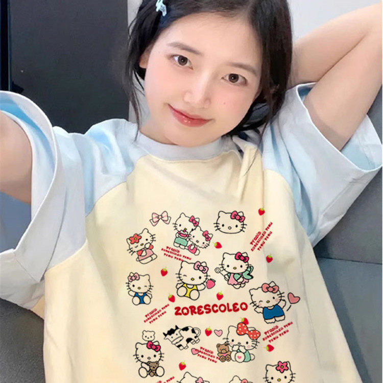 拼色T恤女夏季kitty猫新款大码胖MM纯棉短袖宽松遮肉oversize上衣,女装/女士精品,T恤,淘宝优惠券,粉丝福利购,淘宝优惠卷