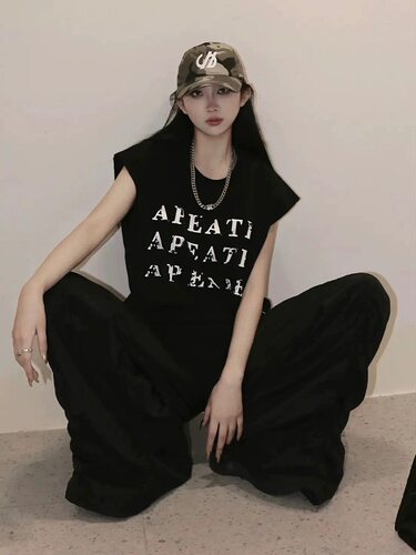 高街复古无袖T恤坎肩女慵懒风
