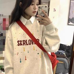 纯棉美式 240斤慵懒chic宽松加厚秋冬外套 复古圆领卫衣女胖MM大码