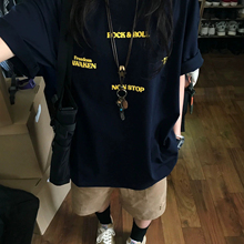 美式复古潮牌字母重磅短袖大码t恤女纯棉夏季chic港味藏蓝色上衣