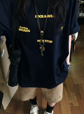美式复古潮牌字母重磅短袖大码t恤女纯棉夏季chic港味藏蓝色上衣