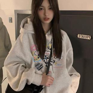 秋冬连帽卫衣女加绒可爱卡通大码重磅宽松正肩加厚白灰外套上衣潮