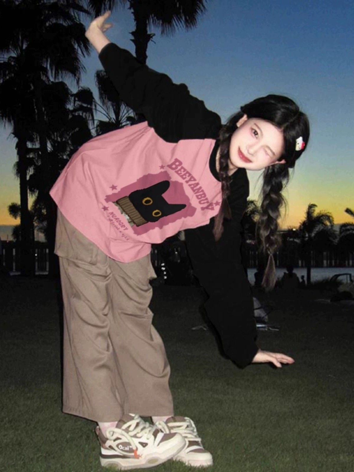 拼色插肩大码长袖T恤女卡通复古可爱粉色胖MM纯棉早秋2024年薄款,女装/女士精品,T恤,淘宝优惠券,粉丝福利购,淘宝优惠卷