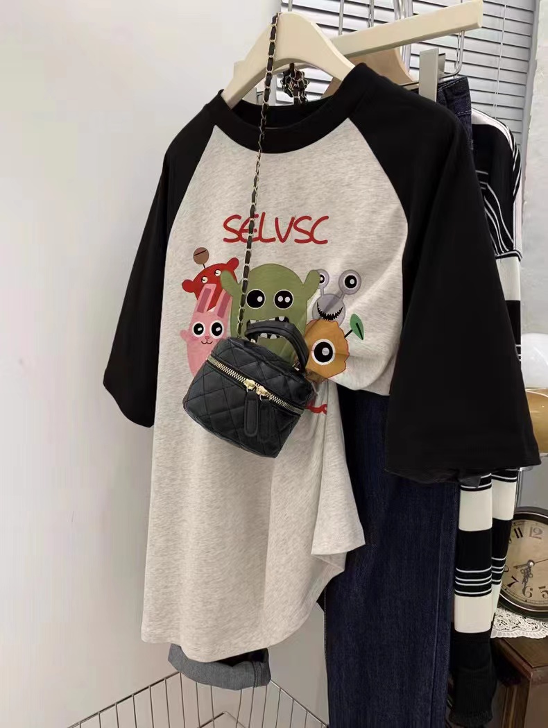 大码卡通印花插肩短袖T恤女