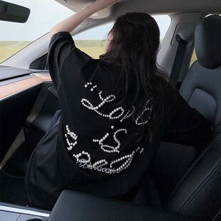 2025新款 大码 T恤女夏季 复古珍珠字母短袖 宽松显瘦上衣ins 胖MM美式