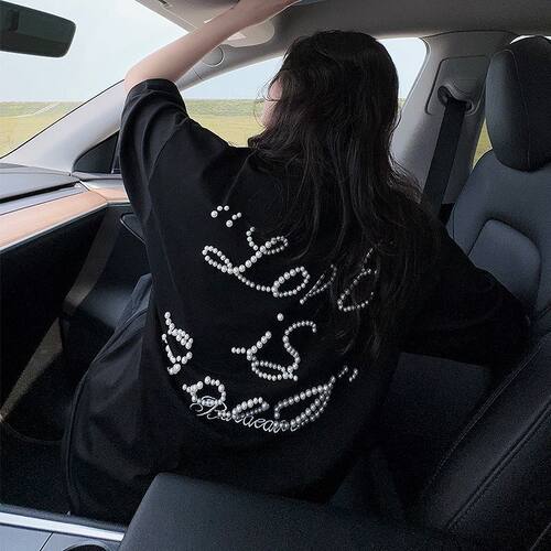 大码胖MM美式复古珍珠字母短袖T恤女夏季2025新款宽松显瘦上衣ins - 封面