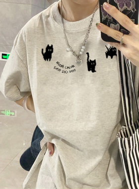 重磅纯棉大码T恤女胖MM宽松复古可爱猫咪慵懒风bf夏季2025年新款